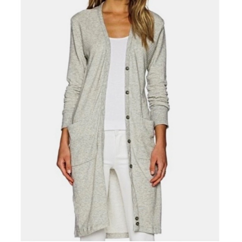 James Perse Light Gray Stripe Long Button-Front Ribbed Cardigan